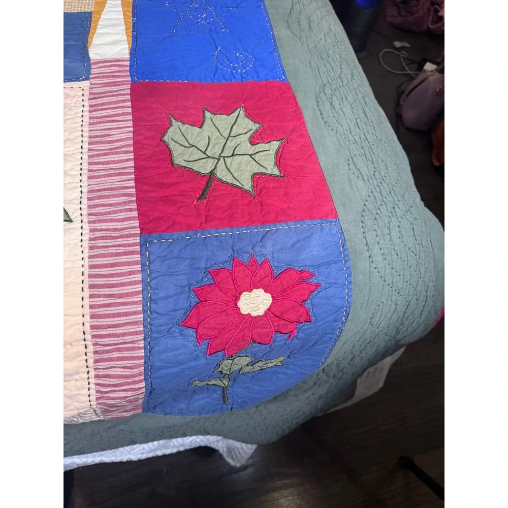 VTG Folk‎ Art Quilt Queen Hand Appliqué Woodland Christmas Patchwork Farmhouse